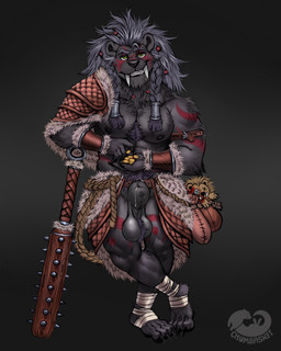 animal_genitalia anthro areola balls big_fangs biped black_nipples black_nose braided_hair clothed clothing fangs front_view fur genitals glistening glistening_eyes green_eyes grey_balls grey_body grey_fur grey_hair grey_sheath grin hair logo looking_at_viewer male male_anthro nipples sheath smile solo standing teeth text chumbasket ryoohki bear mammal artist_logo artist_name full-length_portrait hi_res portrait