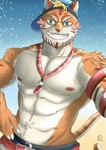 anthro armband beach beard blonde_hair blue_eyes blush bottomwear clothed clothing facial_hair fur grin hair hand_on_hip hat headgear headwear inner_ear_fluff looking_at_viewer low-riding male muscular muscular_male nails nipples orange_body orange_fur outside pecs seaside shorts showing_teeth smile snow snowing solo standing stripes swimwear tail topless topless_male tuft whistle_(object) white_body white_fur swaggy_tamago super-nova vince_(super-nova) felid mammal pantherine tiger 2022 colored dated digital_media_(artwork) signature