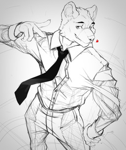 5_fingers anthro biped black_necktie bottomwear button_(fastener) cheek_tuft claws closed_smile clothed clothing collared_shirt dress_shirt eye_bags facial_tuft fangs finger_claws fingers grey_eyes hand_on_leg hand_on_thigh head_tuft heart_symbol high-angle_view humanoid_hands inner_ear_fluff looking_at_viewer male mouth_closed necktie overbite pants partially_clothed pockets raised_arm red_heart shirt smile smiling_at_viewer snout solo standing teeth topwear tuft unbuttoned_shirt wide_stance purtropos remember_the_flowers artemis_(remember_the_flowers) mammal mustelid musteline true_musteline weasel guide_lines hi_res monochrome sketch