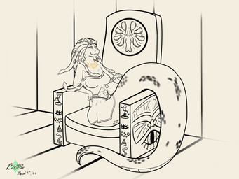accessory anthro apode arm_support big_breasts bottomwear breasts butt chair closed_smile clothed clothing constrictive_clothing crop_top curvy_figure dreadlocks egyptian eyebrows eyelashes fangs female fingers furniture hair hair_accessory hair_jewelry hair_ring jewelry leaning leaning_backward leaning_on_elbow legless living_hair long_hair long_tail looking_at_viewer markings midriff mouth_closed navel necklace non-mammal_breasts non-mammal_navel pose pseudo_hair pupils scales serpentine shirt simple_background sitting skirt slit_pupils smile snake_hair snake_hood snout solo squish strapless_clothing strapless_topwear symbol tail teeth text throne throne_room tight_clothing tight_topwear tongue tongue_out topwear ventral_scales voluptuous white_background bbear egyptian_mythology european_mythology greek_mythology middle_eastern_mythology mythology draconcopode gorgon naga reptile scalie snake 2026 4:3 absurd_res artist_name black_and_white dated digital_media_(artwork) hi_res line_art monochrome signature