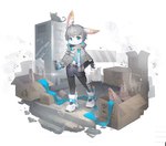 :< ahoge anthro black_clothing black_leggings black_legwear blue_eyes box clothed clothing container detailed_background dipstick_ears ear_markings fingerless_gloves footwear fully_clothed fur futuristic_clothing futuristic_gun gloves grey_hair grey_poncho hair handwear kemono leggings legwear looking_at_viewer male multicolored_ears navel pink_inner_ear pose shoes solo standing technologic traffic_cone triangle_nose two_tone_ears white_body white_ears white_fur yellow_body yellow_ears yellow_fur young young_anthro emolga_1 lagomorph leporid mammal rabbit 2022 digital_media_(artwork) digital_painting_(artwork) full-length_portrait hi_res portrait