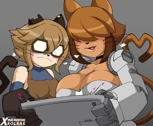 anthro big_breasts biped black_nose blush bodily_fluids breast_size_difference breasts brown_hair brown_tail clothed clothed_anthro clothed_female clothing cybernetics duo female female_anthro hair heart_symbol machine standing sweat sweatdrop tail whiskers dankodeadzone rolrae gameoverse glitch_productions scratch_(gameoverse) tina_(gameoverse) cyborg domestic_cat felid feline felis mammal hi_res