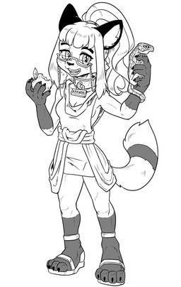 anthro apple bottomwear breasts cleavage clothed clothed_female clothing collar dipstick_tail duo eyewear female feral food footwear fruit fur glasses gloves_(marking) hair leg_markings markings plant sandals shoes skirt socks_(marking) tail tail_markings daigaijin canid canine fox lizard mammal reptile scalie greyscale hi_res monochrome