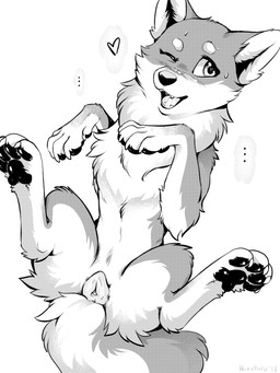4_toes anatomically_correct anatomically_correct_genitalia anatomically_correct_vulva animal_genitalia animal_vulva blush blush_lines bodily_fluids butt canine_genitalia canine_vulva claws feet female feral genitals heart_symbol hindpaw neck_tuft one_eye_closed open_mouth pawpads paws presenting presenting_hindquarters presenting_vulva simple_background solo spread_legs spreading sweat sweatdrop toe_claws toes tuft vulva white_background wink hioshiru canid canine canis domestic_dog mammal shiba_inu spitz 2018 3:4 digital_media_(artwork) hi_res monochrome screentone signature