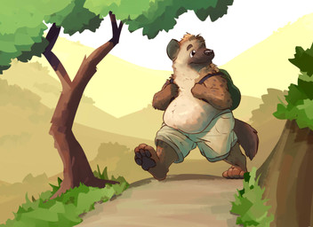 anthro backpack belly belly_overhang clothed clothing fur male markings outside overweight overweight_anthro overweight_male plant solo spots spotted_body spotted_fur tan_body tan_fur topless tree walking lotic hyena mammal spotted_hyena 11:8