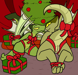 accessory anthro bow_(feature) bow_accessory bow_ribbon butt christmas_present christmas_tree duo female furgonomics genitals gift green_body half-closed_eyes holidays inside membrane_(anatomy) membranous_wings narrowed_eyes ornament plant pupils ribbons slit_pupils smile tail tail_accessory tail_bow tail_ribbon tree vulva wings yellow_eyes trout_(artist) christmas european_mythology mythology dragon mythological_creature mythological_scalie scalie western_dragon wyvern