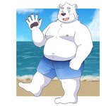 anthro beach belly big_belly black_nose blue_eyes blush bottomwear clothing humanoid_hands kemono male moobs nipples outside overweight overweight_male seaside shorts solo water white_body yaki_atsuage utau shirane_kan bear mammal polar_bear ursine 1:1 2022 hi_res