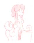 anthro apron butt clothing female looking_at_viewer looking_back solo unknown_artist animal_crossing nintendo harriet_(animal_crossing) canid canine canis domestic_dog mammal poodle monochrome pink_and_white