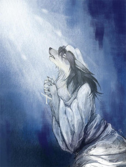 ambiguous_gender anthro black_hair clothing cross female hair kemono male pray solo white_clothing kiki-uma canid canine canis mammal wolf 2007 3:4