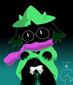 accessory anime_nosebleed anthro blood bodily_fluids clothed clothing duo eyewear fur genitals glasses male no_underwear nosebleed penis penis_accessory penis_bow penis_ribbon ribbons solo_focus young young_anthro young_male tatwuyan deltarune undertale_(series) kris_dreemurr ralsei bovid caprine darkner goat human mammal 2018 absurd_res hi_res