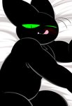 anthro bed black_body black_fur blood bodily_fluids fur furniture green_eyes licking_blood male nude pecs solo underbite nemhippie cartoon_network mao_mao:_heroes_of_pure_heart sheriff_mao_mao_mao domestic_cat felid feline felis mammal hi_res