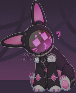 :< abstract_background ambiguous_gender confusion dotted_background feral machine pattern_background paws pink_eyes purple_body question_mark screen screen_face simple_background sitting solo m1ss1ngtexture lagomorph leporid mammal rabbit robot robot_feral 2025 full-length_portrait hi_res portrait