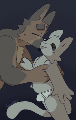 4_fingers adult_on_child adult_on_young age_difference anthro biped brown_body brown_fur bulge clothed clothing cuddling duo eyebrows eyes_closed facial_tuft fingers fur grey_body grey_fur kiss_on_cheek kissing male male/male male_anthro nude_anthro nude_male older_male partially_clothed pointy_ears prick_ears simple_background size_difference tail thick_eyebrows tuft underwear underwear_only white_body white_fur young young_anthro young_male younger_male jasonvvoid blake_(jasonvvoid) canid canine canis domestic_dog felid feline german_shepherd herding_dog mammal pastoral_dog 2025 hi_res signature