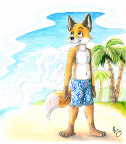 anthro beach blue_bottomwear blue_clothing blue_eyes blue_shorts blue_sky bottomwear clothed clothing cloud front_view fur glistening glistening_eyes leg_markings logo looking_up male markings mouth_closed orange_body orange_fur outside palm_tree plant shorts sky socks_(marking) solo standing topless tree white_body white_fur young young_anthro young_male pandapaco biro_(pandapaco) canid canine fox mammal artist_logo signature