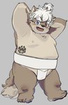 anthro arms_above_head asian_clothing belly blush brown_body brown_fur clothing east_asian_clothing eyebrows fur hair heterochromia japanese_clothing male mawashi moobs nipples overweight solo sumo sumo_wrestler tattoo thick_eyebrows white_hair young mo_otknk lifewonders tokyo_afterschool_summoners masashi_(tas) canid canine canis domestic_dog mammal hi_res