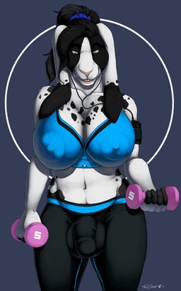 5_fingers anthro areola athletic_wear big_areola big_breasts big_nipples black_body black_hair black_skin bottomwear bra breasts bulge clothed clothed_anthro clothed_gynomorph clothed_intersex clothing detailed_bulge dumbbell exercise fingers genital_outline green_eyes gynomorph hair holding_object intersex long_ears looking_down multicolored_body multicolored_skin nipple_outline nipples pants penis_outline pink_nose simple_background smile solo spandex sports_bra spots standing tight_clothing two_tone_body two_tone_skin underwear weightlifting weights whiskers white_body white_skin workout yoga_pants truegrave9 hare lagomorph leporid mammal