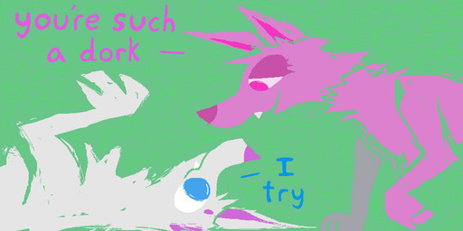 duo female feral fur green_background male open_mouth open_smile pink_body pink_fur simple_background smile text toony white_body white_fur demensa canid canine canis domestic_dog mammal 2:1 english_text hi_res