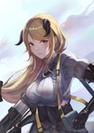 angry belt blonde_hair breasts clothing female gloves hair handwear horn latex looking_at_viewer not_furry outside solo sweater topwear yellow_eyes eru_(eru_illust) arknights hypergryph studio_montagne meteorite_(arknights) horned_humanoid humanoid 2020 absurd_res hi_res