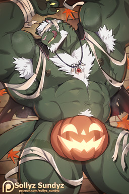 abs anthro areola armpit_hair barazoku beard big_muscles black_cape black_clothing body_hair cape chest_hair chest_tuft claws clothing facial_hair finger_claws food fruit hair happy_trail holidays huge_muscles jack-o'-lantern jewelry licking licking_lips looking_at_viewer lying male muscular muscular_anthro muscular_male muscular_thighs navel necklace nipples on_back on_ground patreon_logo pecs plant pumpkin pumpkin_on_lap solo tail text tongue tongue_out tuft white_body_hair white_hair wrappings yellow_claws sollyz halloween patreon wediz_(sollyz) felid mammal pantherine 2025 2:3 url