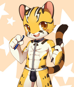 4_fingers abs anthro big_eyes big_head black_clothing black_underwear bow_(feature) bow_tie brown_body brown_fur bulge chest_tuft claws clipboard clothed clothing countershading dual_holding fingers fur holding_clipboard holding_object holding_pen holding_writing_utensil jockstrap kemono looking_at_viewer male markings muscular muscular_young open_mouth open_smile orange_body orange_eyes orange_fur pattern_background pen pink_nose raised_tail shota simple_background skimpy smile solo spots standing star star-shaped_background star_polygon striped_markings striped_tail stripes tail tail_markings topless tuft underwear white_body white_fur writing_utensil young young_anthro unrealplace raier_(unrealplace) felid feline leopard_cat mammal prionailurus portrait three-quarter_portrait