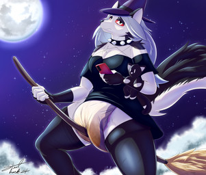 anthro black_clothing black_dress bodily_fluids broom broom_riding choker cleaning_tool clothed clothing diaper dress electronics feces female genital_fluids hat headgear headwear hug hugging_object hugging_plushie jewelry magic_user moon necklace peed phone plushie pooped red_sclera snout soiled_diaper solo unclean_diaper urine used_diaper using_phone wearing_diaper wet_diaper white_eyes witch witch_hat witchcraft steelshark hellaverse helluva_boss mythology loona_(helluva_boss) canid canid_demon canine demon hellhound mammal mythological_canine mythological_creature hi_res