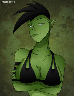 big_breasts black_hair blue_eyes breasts ear_piercing facial_piercing female green_body green_skin hair looking_at_viewer nose_piercing nose_ring not_furry piercing ring_piercing solo obhan humanoid orc low_res