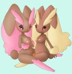 alternate_color anthro breasts dildo duo female female/female fur looking_at_viewer nipples one_eye_closed pink_eyes red_eyes sex_toy simple_background sitting smile wink nirvanilla nintendo pokemon generation_4_pokemon lagomorph lopunny mammal pokemon_(species) shiny_pokemon 2016