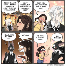 4_panel_comic anthro black_body black_fur blush clothed clothing collared_shirt dialogue dress_shirt duo eyewear female female_human fully_clothed fur glasses greeting hair humanoid_pointy_ears imagination male male_anthro male_human necktie pointy_ears red_eyes round_glasses shirt sparkles speech_bubble suit text topwear vest white_hair winged_arms wings parttimedragons bat human leaf-nosed_bat mammal microbat vampire vampire_bat yangochiropteran 1:1 comic english_text hi_res