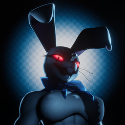 abs anthro big_breasts big_ears blue_bow_tie bow_tie breasts buckteeth checkered checkered_background eyelashes female glowing glowing_eyes looking_at_viewer muscular muscular_anthro muscular_arms muscular_female nipple_outline open_mouth open_smile pattern_background pupils red_sclera simple_background slit_pupils smile smiling_at_viewer solo teeth whiskers white_body atumalaca atumalaca_(modeler) five_nights_at_freddy's scottgames vanny_(fnaf) lagomorph leporid mammal rabbit 1:1 2026 3d_(artwork) bust_portrait digital_media_(artwork) hi_res icon portrait