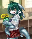 anthro black_sclera blush bottomwear clothed clothing detailed_background eyewear female furgonomics glasses green_hair hair inside kemono long_hair school_uniform sharp_teeth skirt solo student tail tail_through_skirt teeth uniform wet yellow_eyes koishi_chikasa kemono_giga nitari_sasumi fish marine shark