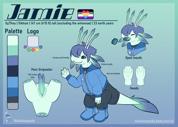 4_fingers ahoge animal_genitalia antennae_(anatomy) anthro asexual_pride_colors barbed_tongue biped black_bottomwear black_clothing black_pants black_sclera black_shirt black_topwear blue_boots blue_clothing blue_footwear blue_hair blue_jacket blue_ovipositor blue_penis blue_tongue blue_topwear boots bottomwear cloaca cloacal_penis clothed clothing color_swatch external_gills eyes_closed fin fingers footwear genitals gills gradient_background green_body green_flesh green_insides green_ovipositor green_penis green_skin green_tongue hair jacket lgbt_pride light_body light_skin logo male membrane_(anatomy) multi_antennae multicolored_penis multicolored_tongue open_mouth ovipositor ovipositor_penis pansexual_pride_colors pants penis plantigrade pride_colors sharp_teeth shirt shoes short_hair simple_background solo tail tail_fin teal_eyes teeth text thick_tail tongue topwear two_tone_penis two_tone_tongue unusual_anatomy unusual_genitalia unusual_penis webbed_hands zipper pussypillbugs jamie_(nekoisopods) alien amphibian xikhian 2026 character_name english_text hi_res model_sheet watermark herm_(lore) maleherm_(lore)
