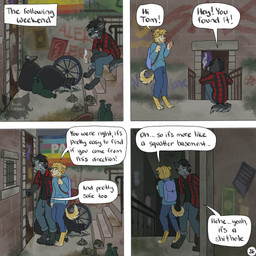 anthro backpack bag barefoot bottomwear cigarette clothed clothing dialogue door duo eye_contact feet flannel_shirt fur graffiti graffiti_on_wall greeting grey_body grey_fur holding_cigarette holding_object hoodie logo looking_at_another male page_number pants pawpads rainbow_flag rainbow_symbol sitting_on_stairs smile smiling_at_another smiling_at_each_other smirk smoking smoking_cigarette stairs tail text time_skip topwear trash trash_bag yellow_body yellow_fur kriek_wildebeest jeremy_(kriek_wildebeest) tom_(kriek_wildebeest) border_collie canid canine canis collie domestic_dog herding_dog husky hybrid mammal nordic_sled_dog pastoral_dog sheepdog spitz wolf 1:1 artist_logo comic english_text hi_res