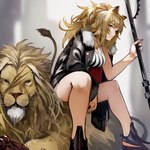 blonde_hair breasts cleavage clothed clothing duo female feral footwear fur hair jacket male shirt shoes sitting tank_top topwear yellow_body yellow_fur 55level arknights hypergryph studio_montagne siege_(arknights) animal_humanoid felid felid_humanoid humanoid lion lion_humanoid mammal mammal_humanoid pantherine pantherine_humanoid 1:1 2020 absurd_res hi_res