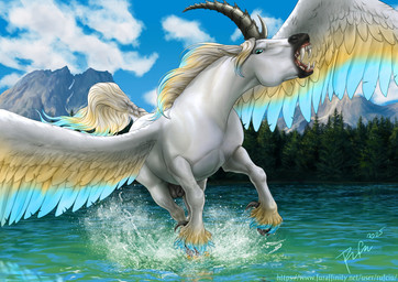 animal_genitalia balls blonde_mane blue_eyes blue_mane blue_sky blue_wings cloud day fangs feral fully_sheathed fur genitals glistening glistening_eyes grey_balls grey_horn grey_sheath horn logo looking_at_viewer male male_feral mane open_mouth outside running sheath sky solo splash teeth water white_body white_fur white_mane white_wings wings yellow_wings rufciu mythology equid equine mammal mythological_creature mythological_equine pegasus artist_logo hi_res signature