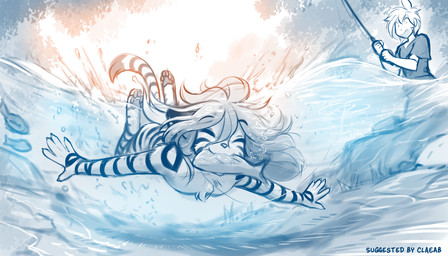 anthro biped bottomwear breasts bubble butt casual_nudity chest_tuft claws clothed clothed/nude clothed_human clothed_male clothing digitigrade diving duo eyes_closed featureless_breasts feet female finger_claws fingers fish_in_mouth fishing_rod fully_clothed fully_clothed_human fully_clothed_male fur hair male markings nude nude_anthro nude_female outside pawpads paws smile splash splashing_water striped_body striped_fur striped_markings striped_tail stripes swimming tail tail_markings teeth toes topwear tuft underwater water conditional_dnp tom_fischbach nevermind_(nirvana) twokinds flora_(twokinds) trace_legacy felid human keidran mammal pantherine tiger 2026 7:4 digital_drawing_(artwork) digital_media_(artwork) hi_res monochrome sketch spot_color