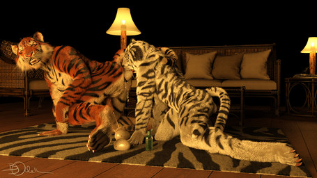 all_fours anthro bodily_fluids carpet claws cum duo egg egg_in_ass egg_insertion ejaculation genital_fluids kneeling lube_bottle male male/male oviposition pawpads side_view toe_claws sherwood felid mammal pantherine tiger 16:9 3d_(artwork) digital_media_(artwork) widescreen