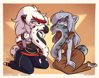 anthro bite clothed clothed_female clothing duo female fully_clothed fully_clothed_female looking_at_another self_bite spots tail tail_bite tail_in_mouth psicoyote felid mammal pantherine snow_leopard hi_res