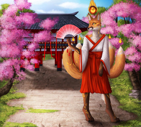 5_fingers anthro asian_clothing biped bottomwear cherry cherry_blossom clothed clothing day detailed_background digitigrade drawing east_asian_clothing female fingers fire flower folding_fan food fruit fur gem hakama haori japanese japanese_clothing kimono kitsunebi long_sleeves looking_at_viewer miko_outfit multi_tail outside pearl_(gem) plant prunus_(flower) red_bottomwear red_clothing red_hakama religion runes solo standing tail tan_body tan_fur temple white_haori yellow_eyes etskuni asian_mythology east_asian_mythology mythology shinto kuzunoha toxophilus canid canine fox fox_spirit mammal will-o'-the-wisp absurd_res adobe_photoshop_(artwork) digital_media_(artwork) hi_res paint_tool_sai_(artwork)
