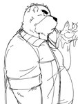 anthro belly claws clothing hand_lick jacket licking male overweight overweight_anthro overweight_male shirt solo tongue tongue_out topwear kotobuki529 morenatsu juuichi_mikazuki bear black_bear mammal moon_bear ursine 2015 black_and_white monochrome