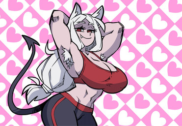 armpit_hair athletic athletic_female athletic_humanoid big_breasts body_hair bottomwear breasts cleavage clothed clothing fangs female hair hands_behind_head heart_background long_hair looking_at_viewer midriff narrowed_eyes navel pale_skin pants pointed_tail red_eyes shirt simple_background small_waist smile solo suggestive_pose sweatpants tank_top teeth tied_hair topwear white_hair paraiiaxfused helltaker cerberus_(helltaker) animal_humanoid canid canid_humanoid canine canine_humanoid demon demon_humanoid humanoid mammal mammal_humanoid 2026 digital_drawing_(artwork) digital_media_(artwork) hi_res