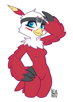 anthro beak biped blue_eyes breasts clothing feather_hands feathers featureless_breasts featureless_crotch female fingers front_view gesture hand_on_hip headgear headgear_only headwear headwear_only looking_at_viewer mostly_nude mostly_nude_anthro mostly_nude_female navel non-mammal_breasts pose red_body red_feathers salute simple_background small_breasts smile solo standing text white_background white_body white_feathers vinael bandai_namco digimon digimon_(species) hawkmon artist_name colored full-length_portrait hi_res portrait three-quarter_portrait