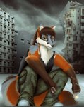 alternative_fashion anthro camo camo_print cigarette city cityscape clothing crouching male punk shirt slav_squat smoking smoking_cigarette solo tank_top topwear nytrodioxide canid canine mammal maned_wolf hi_res