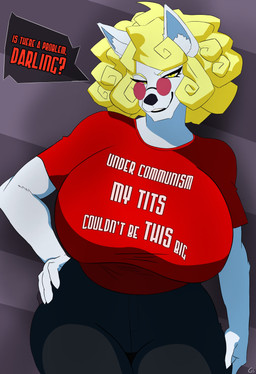 anthro big_breasts big_butt blonde_hair breasts butt capitalism clothing dialogue ears_up eyewear female fur glasses hair inside looking_at_viewer one_eye_closed politics round_glasses sitting smile smiling_at_viewer solo speech_bubble sunglasses teeth teeth_showing text text_on_clothing thick_thighs wearing_glasses wearing_sunglasses white_body white_fur wink winking_at_viewer yellow_eyes gorgonlurker maria_(wffl) canid canine canis mammal wolf absurd_res hi_res