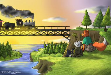 4-6-0 anthro grass male plant river sea smoke steam_locomotive sunset train tree vehicle water themuffinly bovid canid canine caprine fox goat mammal red_fox rocky_mountain_goat true_fox 2020 hi_res