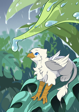 ambiguous_gender beak blue_eyes chest_tuft feathered_wings feathers feral fur grass leaf looking_up plant raining smile solo toony tuft water white_body white_feathers white_fur wings ashley-arctic-fox mythology avian gryphon mythological_avian mythological_creature absurd_res digital_media_(artwork) hi_res