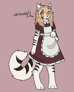 anthro black_body black_fur black_stripes blonde_hair blush bodily_fluids clothing dialogue dress embarrassed eyewear female fur glasses hair looking_away maid_headdress maid_uniform pigeon_toed red_clothing red_dress solo striped_body striped_fur stripes sweat tail text uniform white_body white_fur ashblondekittyy ashlyn_(ashblondekitty) domestic_cat felid feline felis mammal 1:1 english_text trans_(lore) trans_woman_(lore)