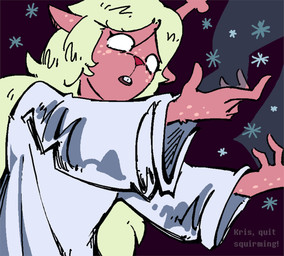 anthro biped black_background blonde_hair brown_body brown_fur buckteeth clothed clothing dialogue elemental_manipulation empty_eyes female fur hair humanoid_hands ice_manipulation offscreen_character simple_background snout snowflake snowgrave solo teeth text three-quarter_view white_eyes qwizibo deltarune undertale_(series) noelle_holiday deer mammal new_world_deer 2025 digital_drawing_(artwork) digital_media_(artwork) english_text hi_res