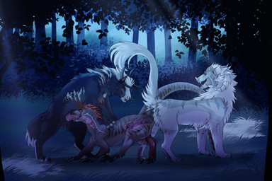 anal anal_penetration animal_genitalia balls black_body black_fur bodily_fluids butt cum cum_in_ass cum_inside detailed_background erection feral forest_background fur genital_fluids genital_slit genitals grass group internal internal_anal knot male male/male medial_ring penetration penis pink_penis plant purple_knot purple_penis trio white_body white_fur kesha_fizzy mythology terr_(n0rad) dinosaur dragon dromaeosaurid felkin furred_dragon furred_scalie mythological_creature mythological_scalie prehistoric_species reptile saurischian scalie theropod velociraptor hi_res