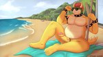 16:9 2_horns 4k 5_fingers 5_toes absurd_res anthro armband beach beard blue_sky bowser bracelet claws clothing collar eyebrows eyewear eyewear_only facial_hair feet fingers genitals hair hi_res horn jewelry koopa male mario_bros nintendo nude palm_tree penis plant red_eyes red_hair reptile sand scalie sea seaside shell-less sky slightly_chubby solo spiked_armband spiked_bracelet spiked_collar spikes sunglasses sunglasses_only thick_eyebrows toes towel tree umbrella vein veiny_penis water widescreen yellow_body yumi_sakato