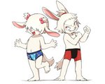 anthro blush bulge clothed clothing looking_at_viewer male red_eyes shota simple_background solo topless white_background young young_anthro manmosu_marimo hooligan_rabbit_(marimo) lagomorph leporid lionhead_rabbit mammal rabbit 2020